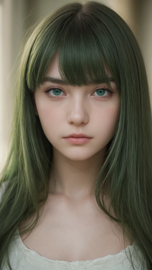 a girl. European. Extremely detailed face. Oval face. Delicate facial features. Half-closed eyes. Long straight hair. Messy hair. Bangs. Green hair. Green eyes. Very angry. Sad. Shy. Straight face