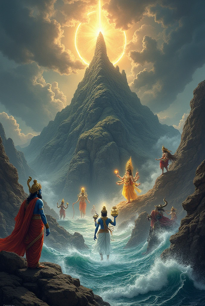 Once, gods and demons fought for Amrita, the elixir of life. To settle, they churned the ocean with Mount Mandara as a churn and Vasuki as a rope. Poison emerged first, then came treasures, followed by the divine cow Kamadhenu. Finally, Goddess Lakshmi and Dhanvantari with Amrita appeared. A fierce battle erupted, but Vishnu, in Mohini avatar, tricked the demons and gave Amrita to the gods