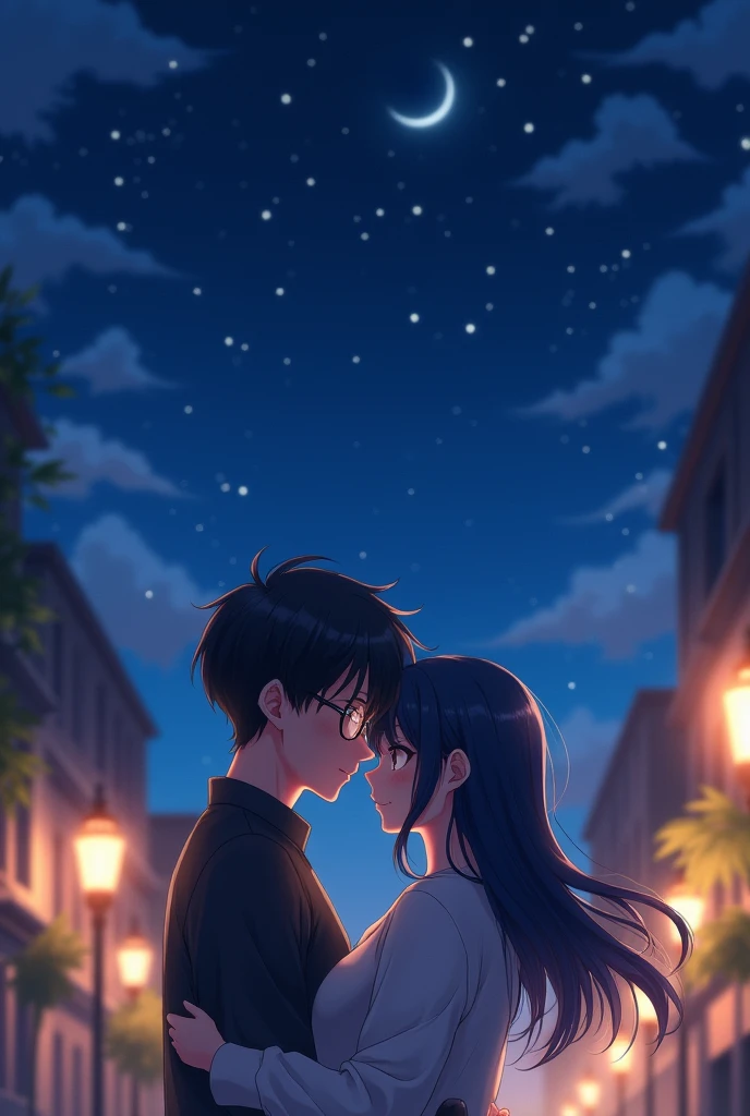 anime couple drawing, hugged, the man with short black hair and glasses and the woman with long navy blue hair at night