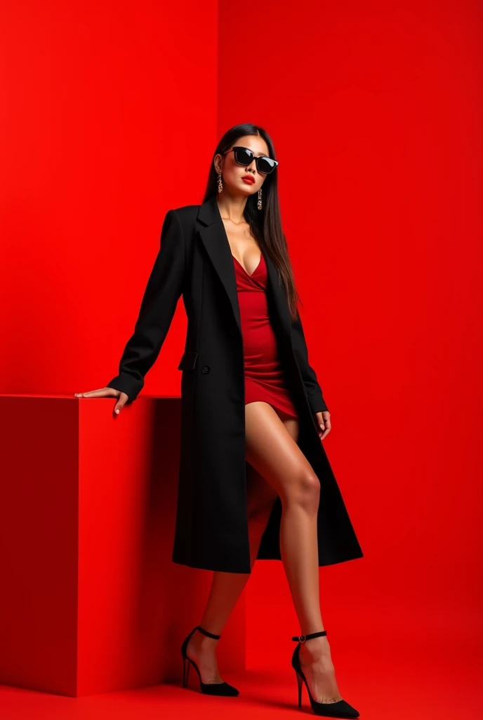 (masterpiece, high quality, 8K). Beautiful Indonesian girl, alone, skin details, bright eyes, long straight hair, sunglasses, exaggerated earrings, unique, looking at the viewer), (black deep V trench coat: 1.37, red bottom dress, long legs, dynamic). Red cube, look up, light and shadow, clean and simple red background