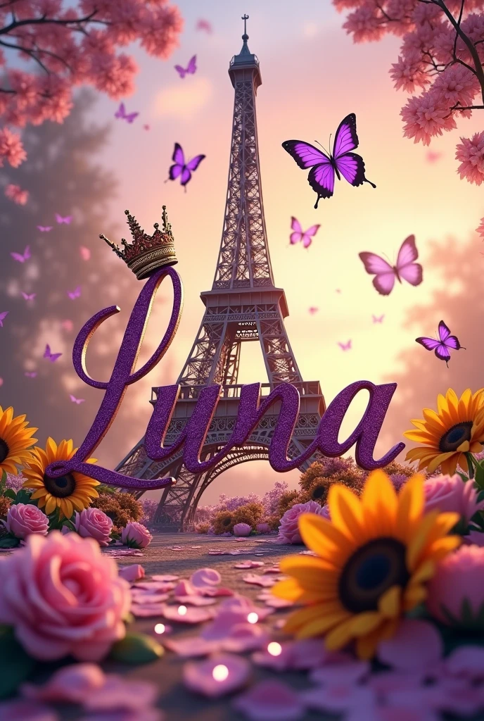 You can create a photo of the Eiffel Tower with the name Luna containing a crown, have purple butterflies and a reference with sunflowers and roses