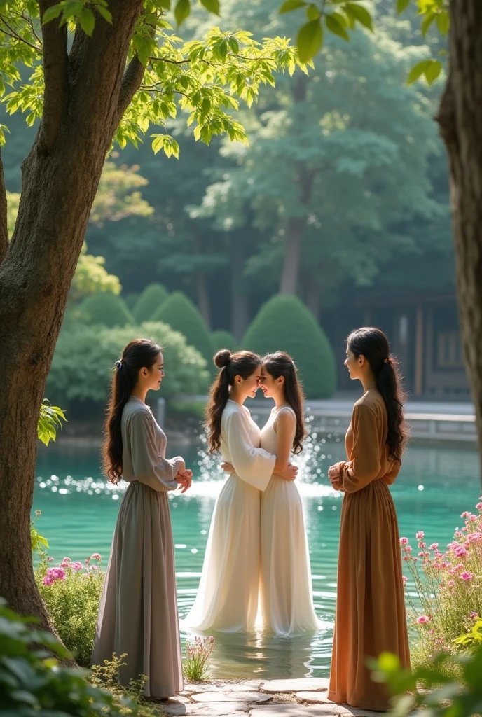 Create a realistic image from the Tang Dynasty era ,The first woman in a grey villager's dress , The second woman in white villager clothes , The third woman in brown villager clothes, the three of them looked at the young husband in his thirties standing with the young woman in white in the garden behind the mansion in the middle of the forest, playing in the clear water in the pond with their naked bodies, playing in the water, hugging and kissing the man.