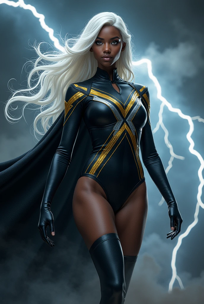A beautiful, highly detailed Black American girl with long white hair, white eyes, huge breasts, wearing a black leotard, gloves, and boots, with a black cape, yellow and silver lines, and an X symbol, controlling lightning, masterpiece, 8k, hyper detailed, photorealistic, cinematic lighting, dramatic poses, hyperrealistic, intricate details, beautiful face, striking features, dynamic composition, dramatic lighting