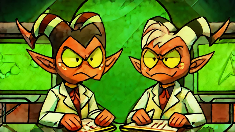 (masterpiece, best quality:1.2), Two Imp´s, serious face, wearing scientist clothes, writing on a notebook futuristic laboratory background