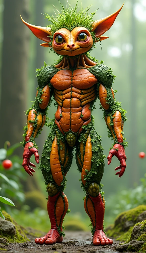 An imaginary creature with a mascular body that appears to be made of different types of vegetables and fruits. Perfect body shape, Its shape is similar to that of a person, with limbs that resemble trunks of vegetables and fruits. The skin is a combination of vibrant colors, with textures ranging from smooth to rough, reminiscent of the appearance of different barks and leaves. The eyes are large and bright, like two spheres of ripe fruit. Hair, rather than being made of strands, is a mixture of leaves and twigs that gently move in the wind. This creature has an aura of vitality and freshness, as if it were an embodiment of nature in human form, highly detailed, very realistic, well drawn, 4k.