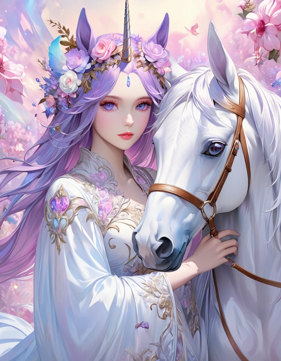 painting of a woman with a horse with flowers on her head, beautiful detailed fantasy, beautiful digital art, gorgeous digital art, beautiful fantasy art, very beautiful digital art, beautiful gorgeous digital art, very beautiful fantasy art, fantasy beautiful, beautiful art, beautiful fantasy, beautiful digital artwork, white unicorn, dreamy art, beautiful fantasy painting, ethereal!!! ultra realistic
