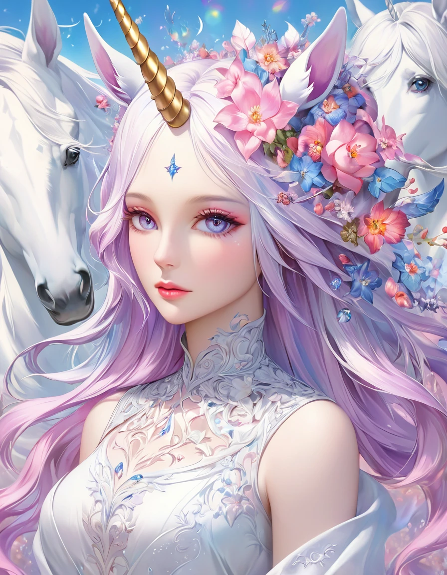 painting of a woman with a horse with flowers on her head, beautiful detailed fantasy, beautiful digital art, gorgeous digital art, beautiful fantasy art, very beautiful digital art, beautiful gorgeous digital art, very beautiful fantasy art, fantasy beautiful, beautiful art, beautiful fantasy, beautiful digital artwork, white unicorn, dreamy art, beautiful fantasy painting, ethereal!!! ultra realistic