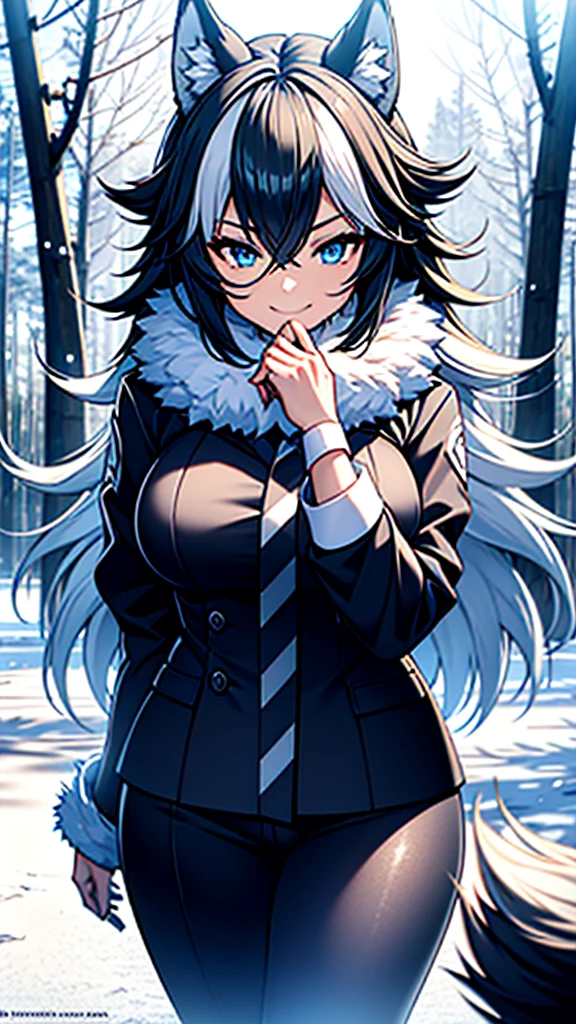 A young wolf girl with beautiful blue eyes, long white hair in a messy style, and prominent white wolf ears stands gracefully in a snowy landscape. She is dressed in a black leather jacket, which contrasts elegantly against the white scenery. Her body is adorned with intricate tattoos, adding to her unique and mysterious charm. The image captures her in a moment of happiness, as she smiles brightly, revealing her captivating beauty. In her hands, she holds a gleaming katana, symbolizing her strength and determination. The artwork is of the highest quality, with a resolution of 4k, ensuring every detail is meticulously rendered. The imagery exudes a sense of mastery and artistry, making it a true masterpiece. The scene is illuminated with soft, natural lighting, enhancing the overall ambiance. The color palette is vibrant and vivid, capturing the essence of the snowy landscape. This prompt guarantees the best quality image, inviting viewers to immerse themselves in the stunning visuals.