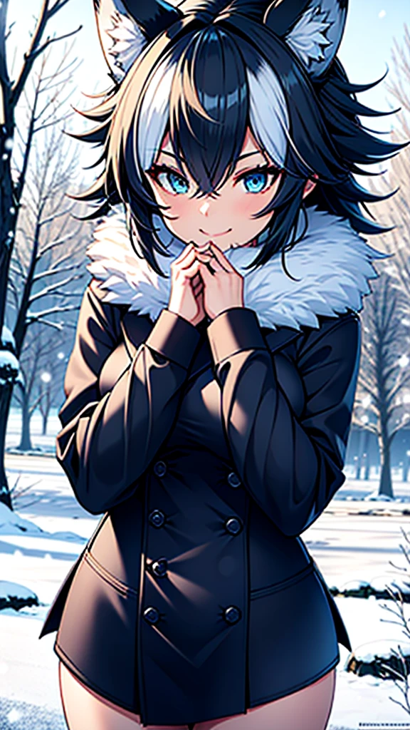 A young wolf girl with beautiful blue eyes, long white hair in a messy style, and prominent white wolf ears stands gracefully in a snowy landscape. She is dressed in a black leather jacket, which contrasts elegantly against the white scenery. Her body is adorned with intricate tattoos, adding to her unique and mysterious charm. The image captures her in a moment of happiness, as she smiles brightly, revealing her captivating beauty. In her hands, she holds a gleaming katana, symbolizing her strength and determination. The artwork is of the highest quality, with a resolution of 4k, ensuring every detail is meticulously rendered. The imagery exudes a sense of mastery and artistry, making it a true masterpiece. The scene is illuminated with soft, natural lighting, enhancing the overall ambiance. The color palette is vibrant and vivid, capturing the essence of the snowy landscape. This prompt guarantees the best quality image, inviting viewers to immerse themselves in the stunning visuals.