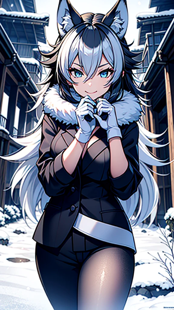 A young wolf girl with beautiful blue eyes, long white hair in a messy style, and prominent white wolf ears stands gracefully in a snowy landscape. She is dressed in a black leather jacket, which contrasts elegantly against the white scenery. Her body is adorned with intricate tattoos, adding to her unique and mysterious charm. The image captures her in a moment of happiness, as she smiles brightly, revealing her captivating beauty. In her hands, she holds a gleaming katana, symbolizing her strength and determination. The artwork is of the highest quality, with a resolution of 4k, ensuring every detail is meticulously rendered. The imagery exudes a sense of mastery and artistry, making it a true masterpiece. The scene is illuminated with soft, natural lighting, enhancing the overall ambiance. The color palette is vibrant and vivid, capturing the essence of the snowy landscape. This prompt guarantees the best quality image, inviting viewers to immerse themselves in the stunning visuals.