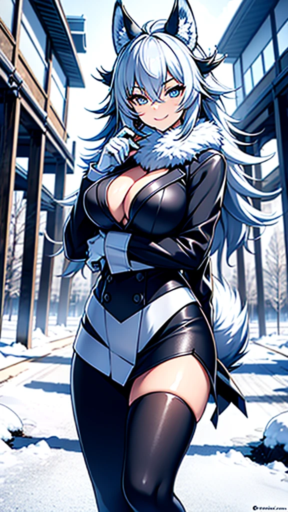 A young wolf girl with beautiful blue eyes, long white hair in a messy style, and prominent white wolf ears stands gracefully in a snowy landscape. She is dressed in a black leather jacket, which contrasts elegantly against the white scenery. Her body is adorned with intricate tattoos, adding to her unique and mysterious charm. The image captures her in a moment of happiness, as she smiles brightly, revealing her captivating beauty. In her hands, she holds a gleaming katana, symbolizing her strength and determination. The artwork is of the highest quality, with a resolution of 4k, ensuring every detail is meticulously rendered. The imagery exudes a sense of mastery and artistry, making it a true masterpiece. The scene is illuminated with soft, natural lighting, enhancing the overall ambiance. The color palette is vibrant and vivid, capturing the essence of the snowy landscape. This prompt guarantees the best quality image, inviting viewers to immerse themselves in the stunning visuals.