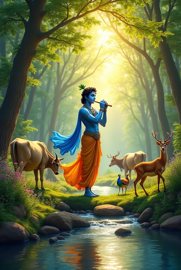 "Create a serene and divine scene of Lord Krishna standing in a lush, vibrant forest, playing his flute with a gentle, blissful expression. He is surrounded by various animals like cows, peacocks, deer, and birds, all drawn to the soothing melody. The forest is filled with tall, green trees, blooming flowers, and a clear, flowing river. The sunlight filters through the leaves, casting a warm, golden glow over the entire scene, creating a peaceful and positive atmosphere. The image should radiate a sense of divine love and harmony, with every element contributing to a feeling of deep spiritual connection and joy."
