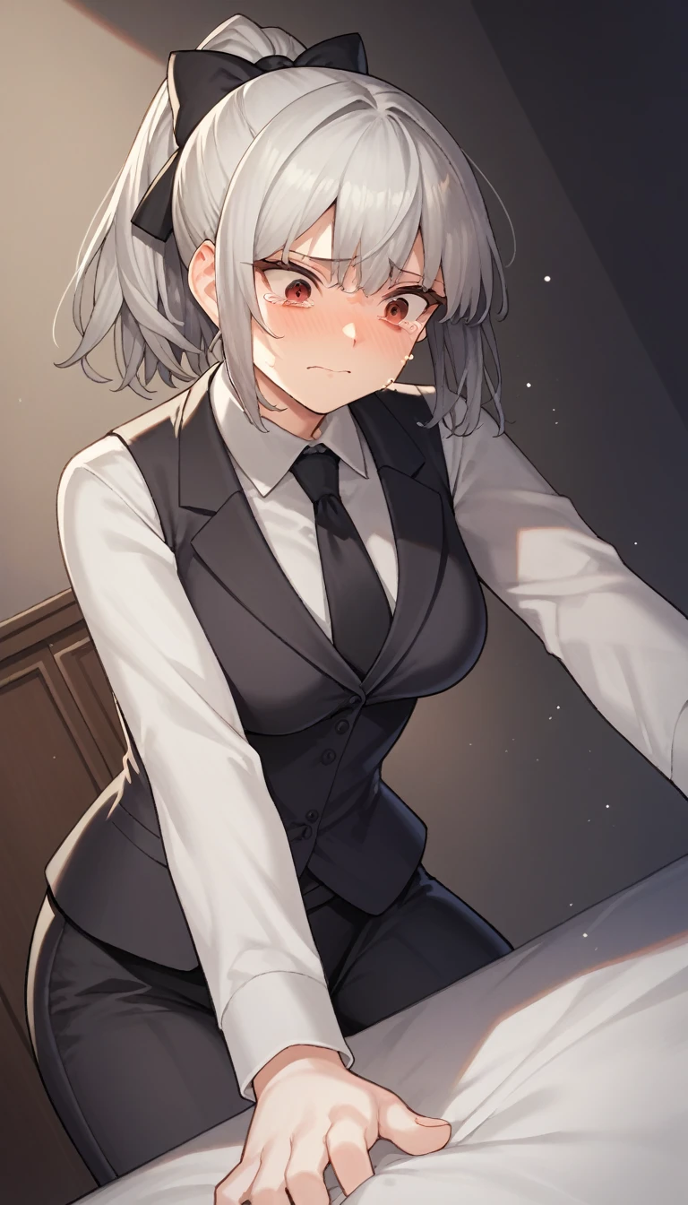 score_9, score_8_up, score_7_up, source_anime, 1girl, red eyes, room, wariza, ponytail, grey hair, cry face, teary eyes, portrait, blazer, starshadowmagician, solo, Adult woman, best perfect anatomy, thin, curvy body, medium breasts, curvy body, close up shot on person suffering from anxiety, a woman showing sadness, lonely woman, a woman sitting in bed, white shirt, black tie, format black vest, Long-sleeved shirt, black trousers, dynamic angle. no light source, dark background, night days, dark hotel bedroom background, 