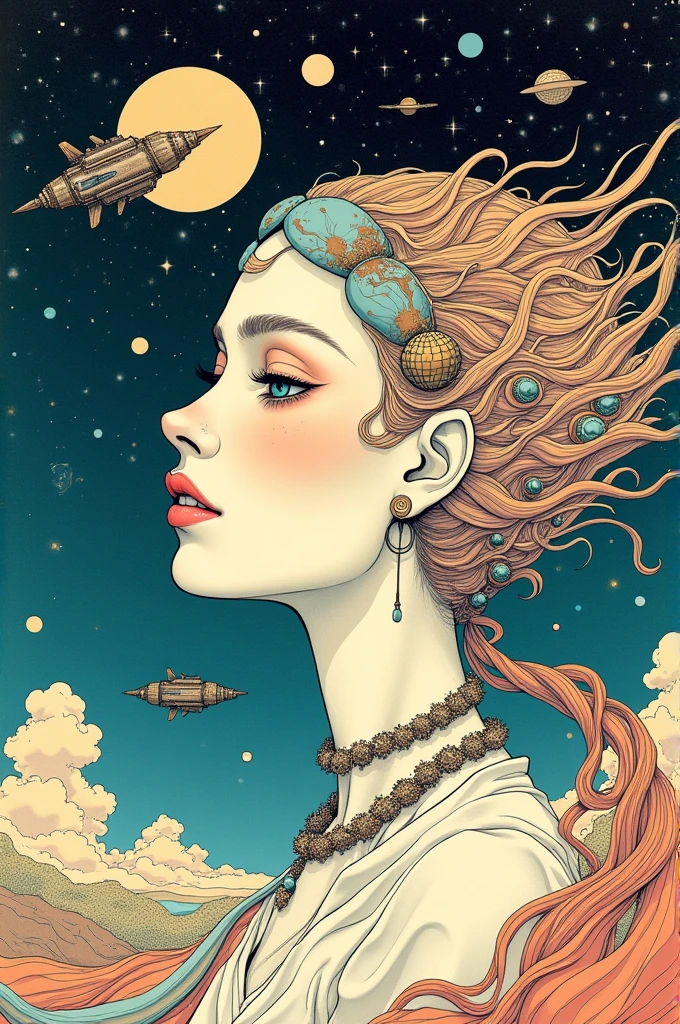 ((best quality)), ((masterpiece)), (detailed), perfect face, surreal, art nouveau, in the illustrative style of moebius, spaceships, aliens, fantasy, sci-fi, graphic novel, line drawing, 