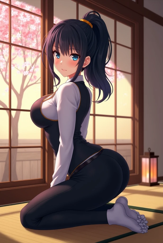 Anime Japanese woman with black hair, ponytail, blue eyes, butler uniform, black pants, Japanese style room, big breasts, big butt, hands on wall, Protruding ass on all fours