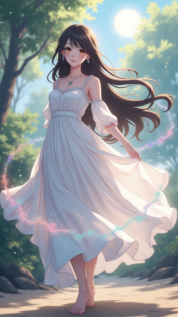 (masterpiece、Highest quality、8k、High resolution)、One female、(Beautiful Face、Beautiful Face)、Beautiful eyes、Beautiful lips、Beautiful nose、Brown-black hair、(The best girl in anime)、Sandy beach with a view of the forest、A bright night with stars visible、full moon、milky way、体whole bodyから神秘的な光の粒子、Colorful light particles、A mysterious light glowing around the head、melt、jewelry、necklace、dress、(whole body)、Highly detailed anime art、A complete portrayal、