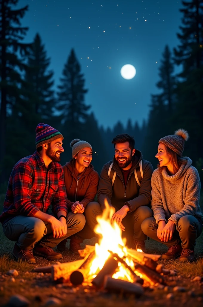 Four person camping and talking in the middle of the bonfire 