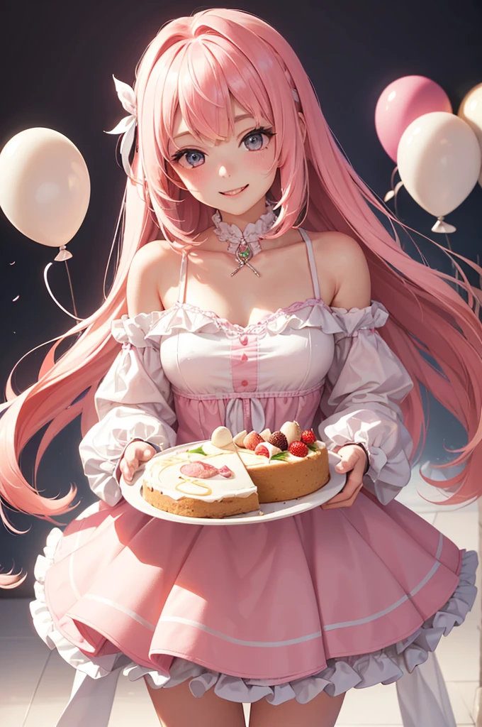 Best Quality,High resolution,8k,(plain white background, no patterns, no textures, just a plain white background:1.3),Masterpiece:1.2),beautiful girl,(Shiny pink hair),messy hair,Beautiful pink eyes,From the viewer's perspective, a girl is leaning forward with a bright smile, (holding a fork with a piece of cake right in front of you, playfully encouraging you to take a bite:1.3), She’s dressed in a cute and festive outfit, her hair styled naturally, and the warm atmosphere of the room, filled with balloons and streamers, enhances the celebratory mood,Gentle look,A refreshing look,smile,Best quality,Best Quality,Aesthetic and aesthetic:1.2,Best details((Super detailed))(High-definition CG illustrations),Slender body,smile,blush,cute,Scrounge,Looking up,Being spoiled,super model