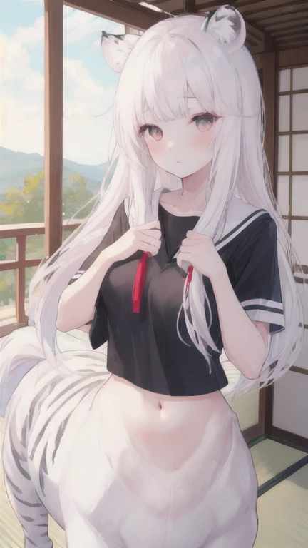 (best quality, masterpiece), 1 girl, centaur, I beg, White skin, Japanese schoolgirl, daughter, black pink, exposing the abdomen, belly button t-shirt , beautiful girl perfect, White tiger photo, 완벽한 White tiger photo