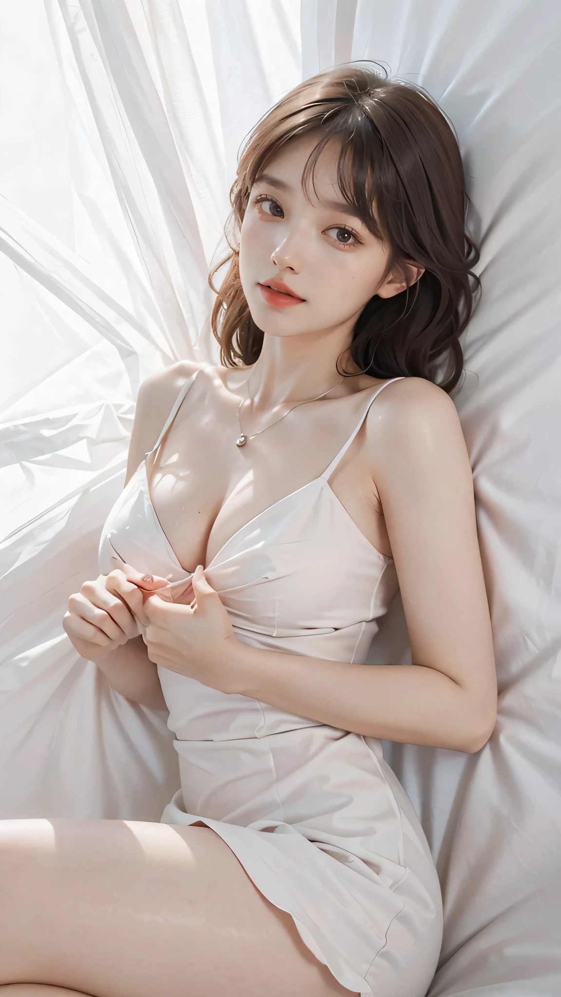 Romantic Rosette dress2, ((Aerial view)), ((knee shot)), beautiful legs, Slender legs, lying down, flat lay, flat lay in bed, Hold your hands between your legs, (top quality, 8k, masterpiece: 1.3), beautiful woman with perfect body: 1.4, dark brown hair, Wear a pendant, Highly detailed face and skin, delicate eyes, double eyelids, best quality, masterpiece, (lifelike: 1.4), a woman, golden ratio, perfect face, slim body, pretty face, bright smile, Gloss, emphasize, Gloss, bangs, Refreshing charm, elegant, shining, elegant pose, masterpiece, best quality, (fidelity, fidelity: 1.37), 8k, very delicate and beautiful, amazing, Exquisite details, ridiculous, File size is huge, Very detailed, beautiful and delicate woman, Very detailed eyes and face, Beautiful delicate eyes, transparent double, big eyes, There is light on the face, a woman, (perfect female figure), thin waist, Feminine Expressions, overwhelming charm, White background, light background, Gloss on skin, Gloss on face, Gloss on chest