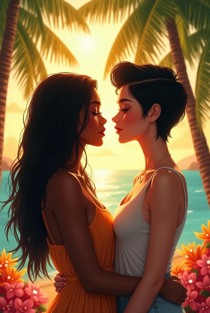 A couple of girls, a Caribbean brunette with straight black hair, and the other white with short black hair like a man, looking into each other eyes as if they were very much in love.