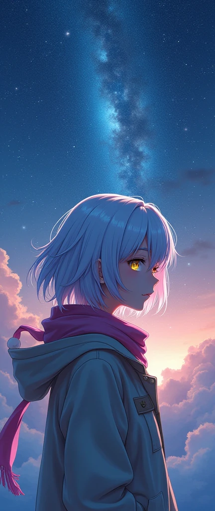 masterpiece，最佳quality，High Aims_quality，High purpose_solution，Beautiful night sky, (Stars), Meteor Showers, Beyond the clouds，Wide Angle, Stunning clouds，1 girl，，White prismatic hair，[yellow|green]Eye，Glowing white particles，whole body，serious，pink (scarf:1.3), Epic,  (HDR:1.5), (Soft colors:1.2), Ultra Detailed, (Art Station:1.5), jacket, (Blue and orange:0.4),Dramatic lighting, (Intricate details:1.1), author：Alexandre Calame、Alyssa Monks and Shigeru Ban 