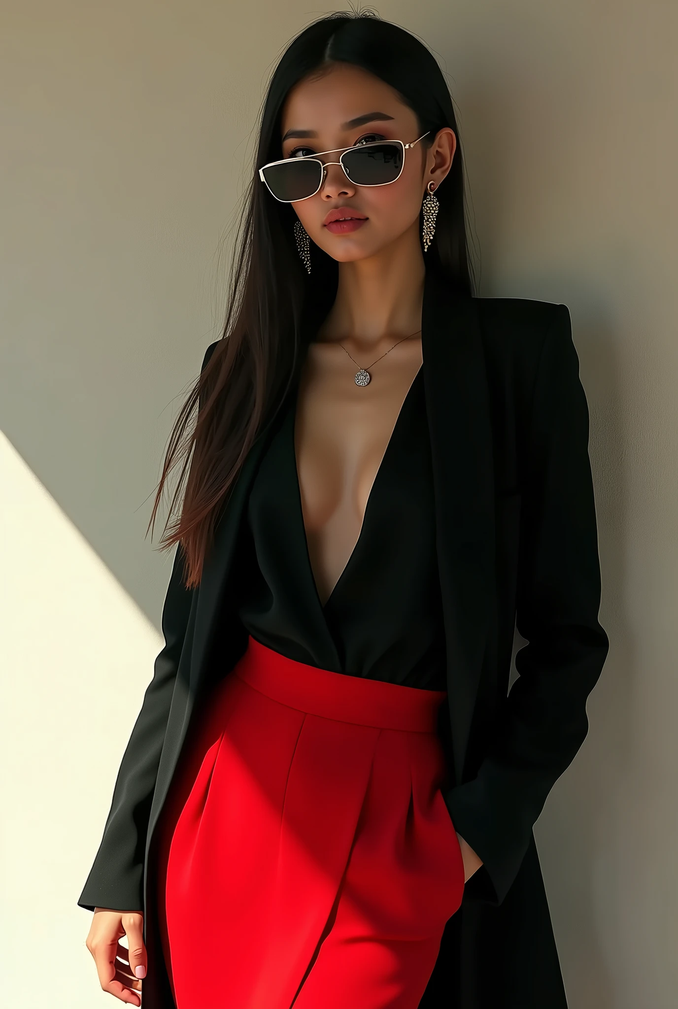 Simple vector illustration, Beautiful Indonesian girl, standing against the wall, unique, confident, Long straight hair, sunglasses, Exaggerated earrings, unique, Looking at the viewer), (Deep V black long coat: 1.37, Red skirt). Looking from bottom to top, Geometric Light and Shadow, Sense of space, White Space, (elegant expression)), ((elegant makeup)), highly detailed, realistic, sharp features, highly detailed, sharp focus, perfect face, perfect symmetry, perfect eyes, perfect lips, nice anatomy, flexible female body shape, sexy face, big breasts, open cleavage, ((cinematic, film lighting, dramatic)), highly detailed, hyperrealistic, masterpiece, atmospheric, high resolution, looking at the viewer atmospheric perspective, volumetric lighting, clear focus, (realistic, Hyperrealistic: 1.37), 16k HD, information, ((full shot)).