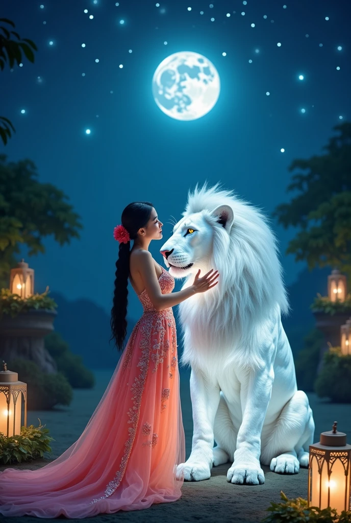 Gorgeous Asia woman with beautiful dress kisses white lion at night