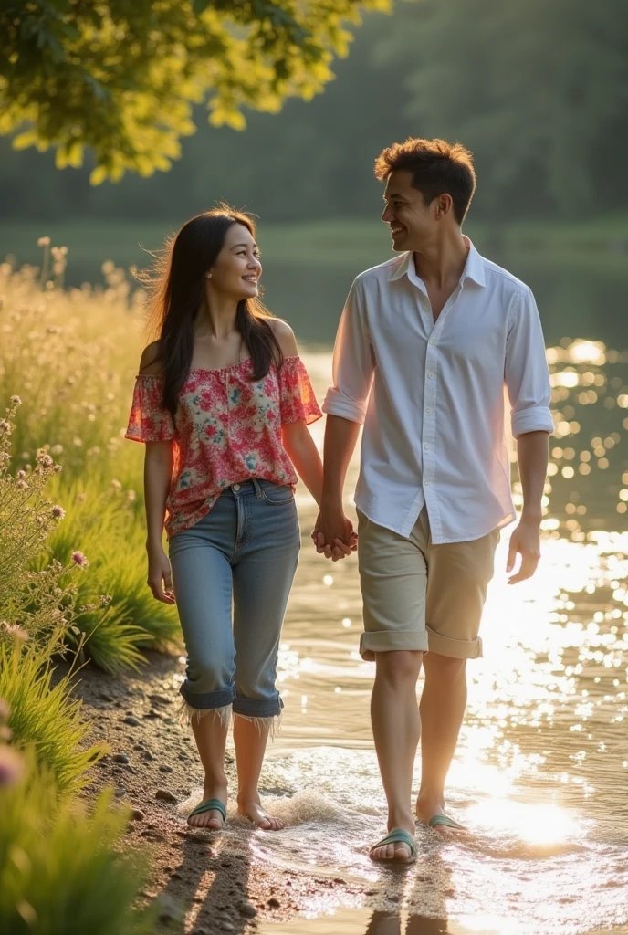 A beautiful, slightly fat Asian girl wearing casual clothes is walking hand in hand with a handsome Asian man on the edge of a beautiful lake. A straight forward view