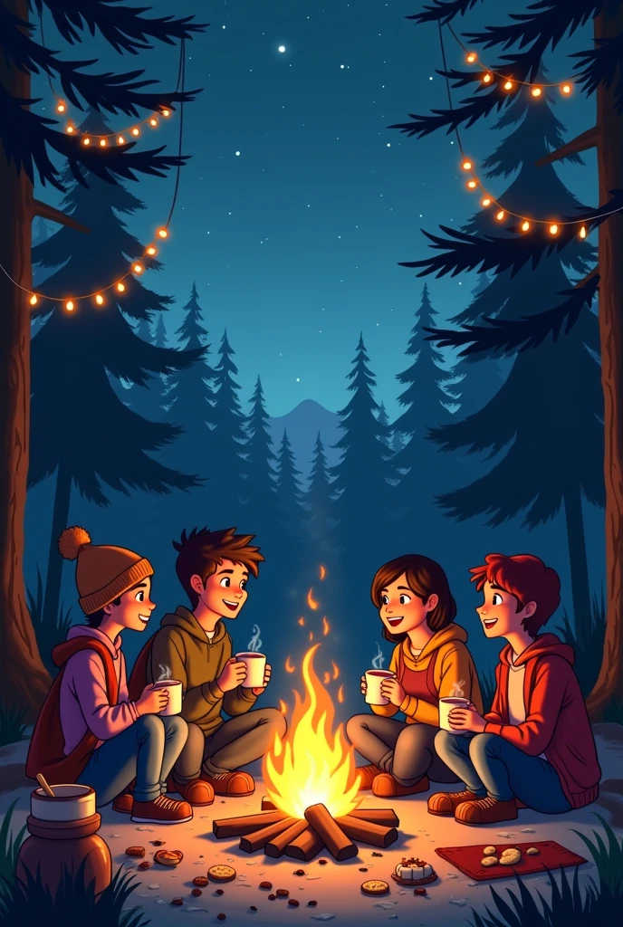Four person camping and talking in the middle of the bonfire landscape