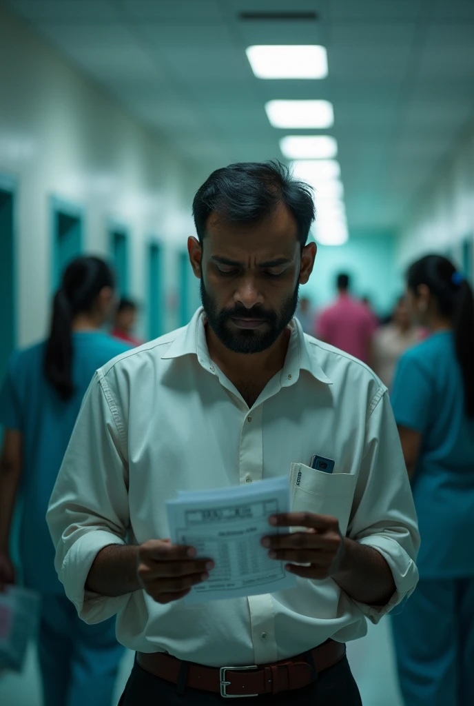 ai image showing a middle class indian man worried after receiving medical bill of his daughter at hospital not having insurance cover