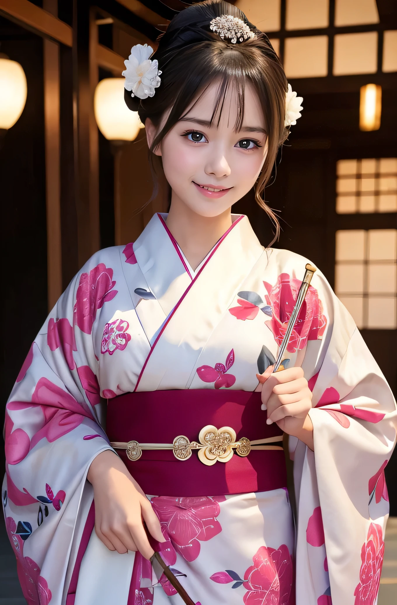 super cute girl, very cute face,clear attractive eyes, detailed Beautiful eyes,smiling, realistic photograph,gorgeous flamboyantly colored apprentice geisha costume,
apprentice geisha costume,very beautiful kimono,
Costume lighting