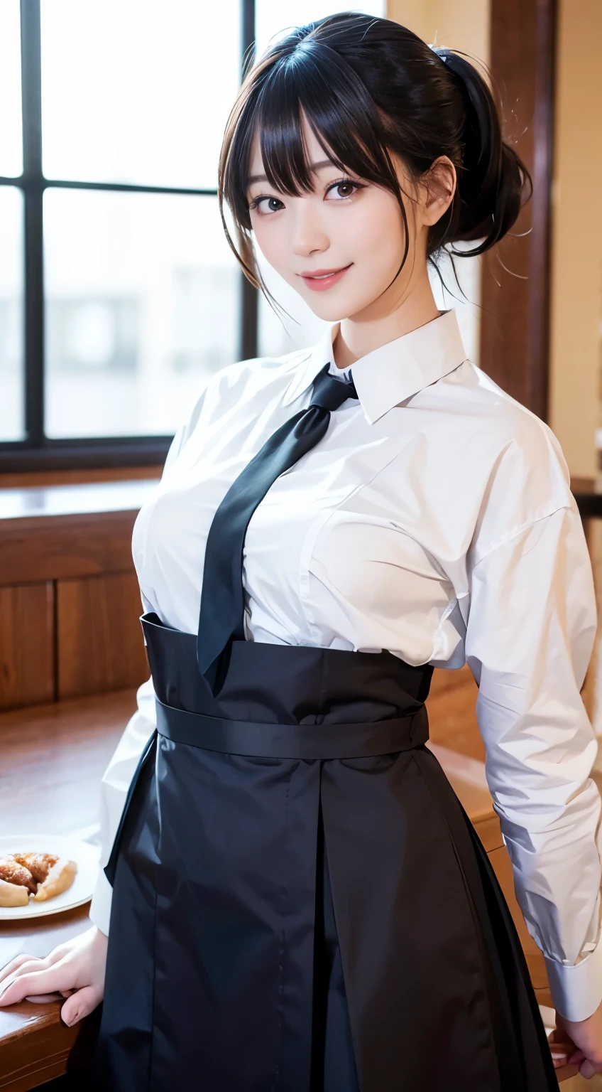 (Highest quality,masterpiece:1.3,Ultra-high resolution,),(Very detailed,Caustics),(Realistic:1.4,RAW shooting,)Ultra-Realistic Capture,Very detailed,High resolution 16K human skin closeup。 Natural skin texture、,pores、、、、It must be detailed enough to be easily identifiable。 Skin tone is even and healthy looking。 Use natural light and color,restaurant,Waitress Uniform,1 person,Japanese,18-year-old,cute,Black-haired,ponytail,Big Breasts,smile,Turn your body forward,(Front view:1.1),Looking into the camera,Cowboy Shot,