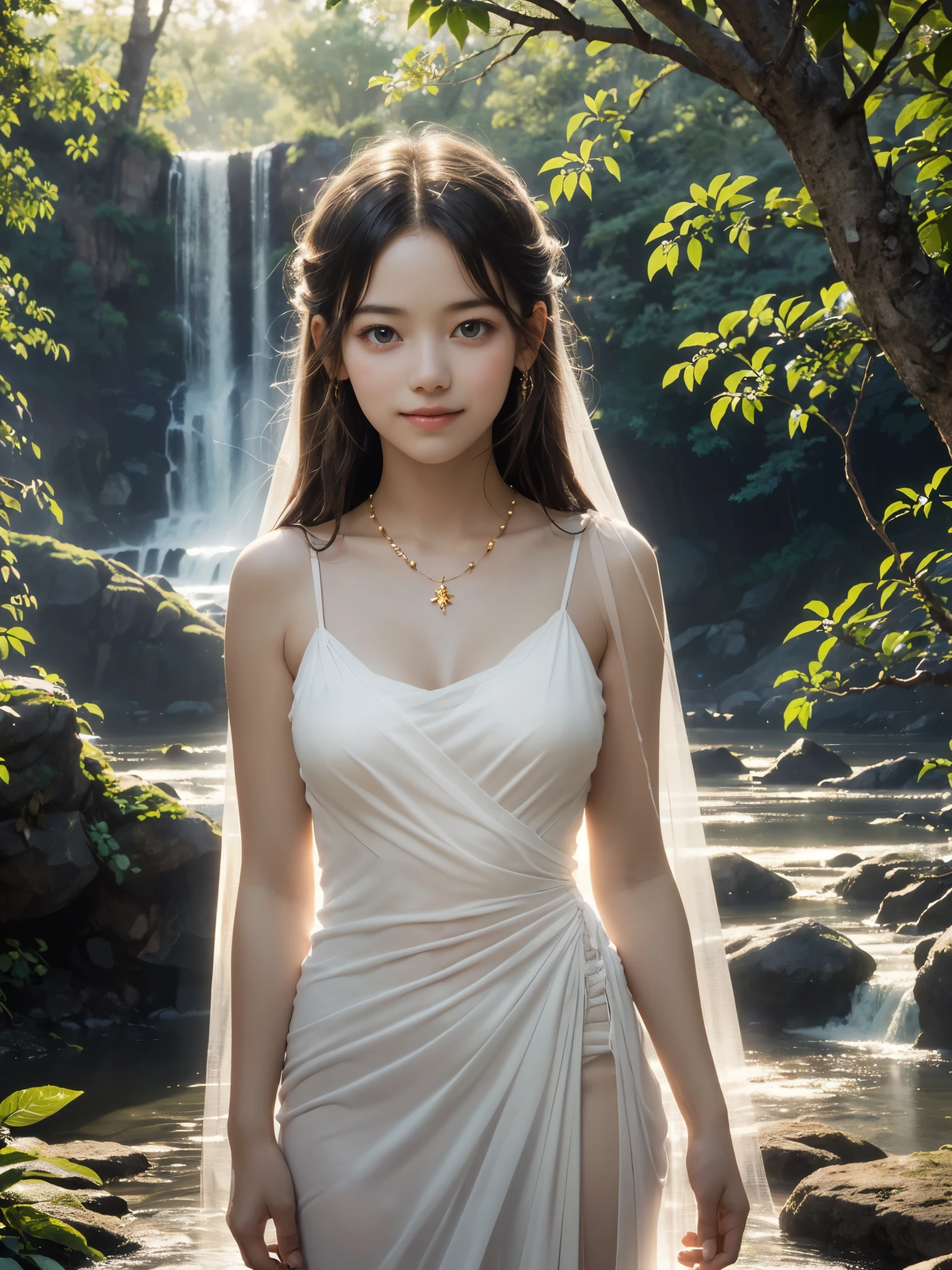 1girl, standing, in the park, draped (see-through:1.2) white dress, opulent golden-trim, detailed face, (looking at viewer:1.4), (***, cute:1.8), (breasts:1.2), delicate crystal necklace, waterfalls, surrounded by lush, vibrant greenery, blooming flowers, and softly glowing light, gentle smile, alluring peaceful posture, warm sunlight filtering through trees, ((soft, diffused lighting, high bloom, glowing light, soft highlights, radiant aura, overexposed edges, dreamy illumination, hazy glow, ethereal light:1.4), (subtle light flares:1.2), tranquil setting, vibrant colors, surreal, heavenly vibe, paradise-like environment, detailed textures, relaxing mood, close-up shot,