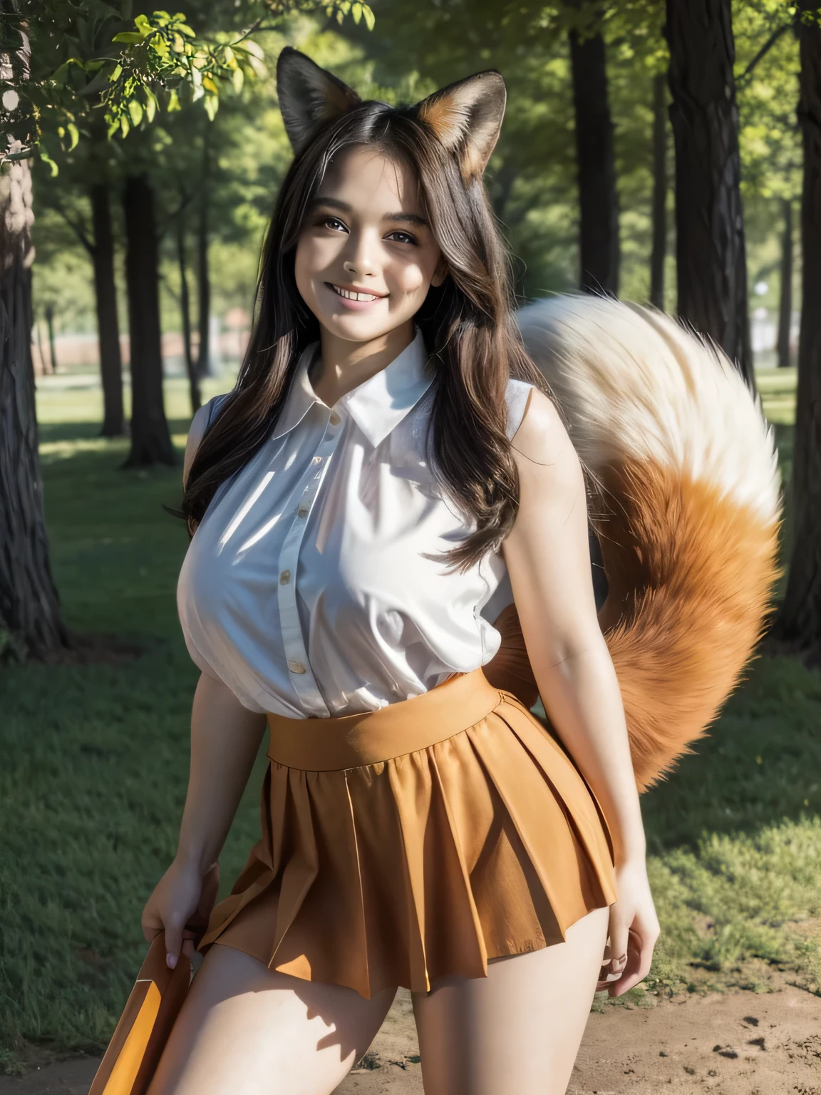 ((Highest quality, 8k)), ((masterpiece)), (Highest Resolution), Perfect Face, Fox Woman, Female college student, Beautiful woman, Outdoor, Only one tail, she has thick thighs, Her large tail, She has an orange fox tail, She wags her tail, Smiling with teeth showing, Fur collar, She is wearing a short skirt, Plump Breasts, Beautiful Hips , A fox tail sticks out from the skirt.