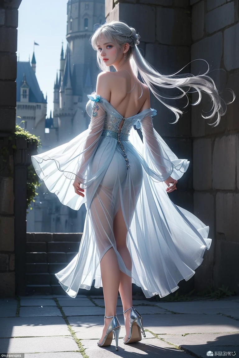 ((Girl standing in front of the castle wall))、Fluorescent color、One Girl、Look to the side、Beautiful Face、Beautiful Eyes、(Big Blue Eyes)（Rear view)、(look back）、（Silver blunt hair）、Shiny Hair、Glowing Skin、Reduce glare、Finger Proportion Adjustment、Escrow、Butt viewpoint、Dynamic Angle、（（Master Parts））、（（Highest quality））、（（（Ultra Details）、（An illustration）、（Detailed light）、（Very delicate and beautiful）、Dramatic Shadows、Ray tracing、reflection、Ultra-high resolution、（（Master Parts））、（（Highest quality））、（（Ultra HD））。 Ultra-high resolution、((Colorful hair and mesh))、Her hair flutters in the wind、(Big deep blue eyes)、Silvery white hair、haired woman、Sparkling Butterfly、Sparkling Butterfly、黒haired woman、Points of light around the woman、Magical Aura、Green dot、The nature of the aura、Magical Aura黒haired woman、 ((Translucent blue one-shoulder dress： 1. 3)、(No sleeve)、((The skirt flutters up in the wind))、((An old European castle stands in the distance))、(Full Body Shot),(Long legs)、(High heels),