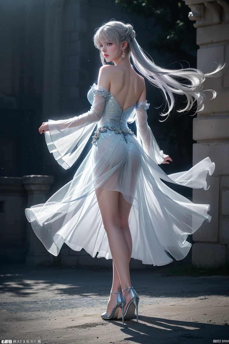 ((Girl standing in front of the castle wall))、Fluorescent color、One Girl、Look to the side、Beautiful Face、Beautiful Eyes、(Big Blue Eyes)（Rear view)、(look back）、（Silver blunt hair）、Shiny Hair、Glowing Skin、Reduce glare、Finger Proportion Adjustment、Escrow、Butt viewpoint、Dynamic Angle、（（Master Parts））、（（Highest quality））、（（（Ultra Details）、（An illustration）、（Detailed light）、（Very delicate and beautiful）、Dramatic Shadows、Ray tracing、reflection、Ultra-high resolution、（（Master Parts））、（（Highest quality））、（（Ultra HD））。 Ultra-high resolution、((Colorful hair and mesh))、Her hair flutters in the wind、(Big deep blue eyes)、Silvery white hair、haired woman、Sparkling Butterfly、Sparkling Butterfly、黒haired woman、Points of light around the woman、Magical Aura、Green dot、The nature of the aura、Magical Aura黒haired woman、 ((Translucent blue one-shoulder dress： 1. 3)、(No sleeve)、((The skirt flutters up in the wind))、((An old European castle stands in the distance))、(Full Body Shot),(Long legs)、(High heels),