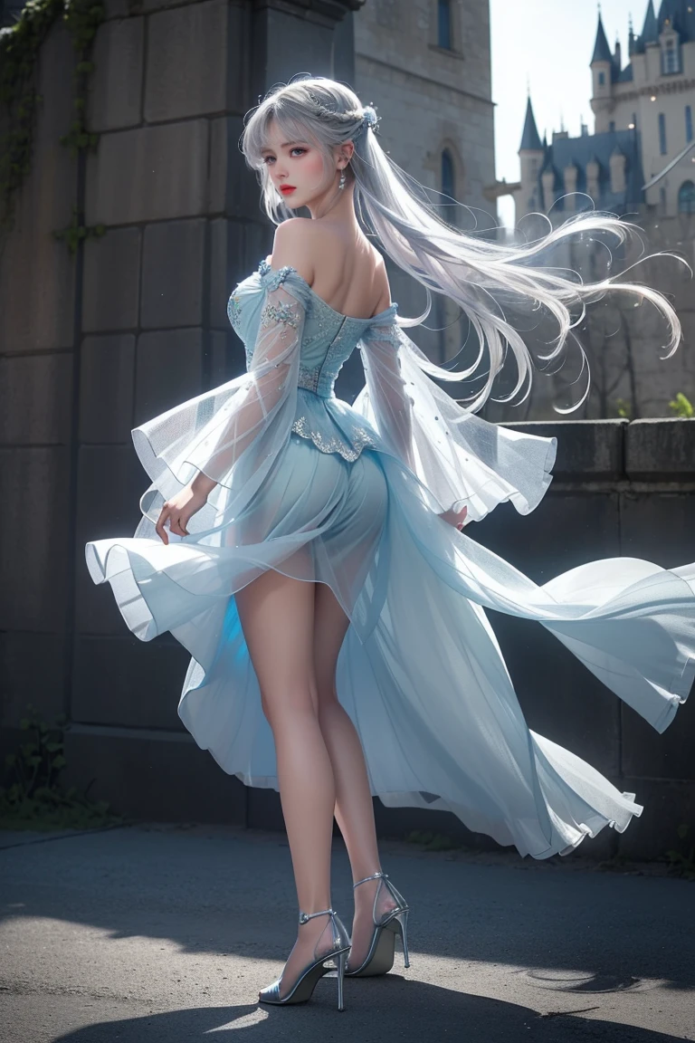 ((Girl standing in front of the castle wall))、Fluorescent color、One Girl、Look to the side、Beautiful Face、Beautiful Eyes、(Big Blue Eyes)（Rear view)、(look back）、（Silver blunt hair）、Shiny Hair、Glowing Skin、Reduce glare、Finger Proportion Adjustment、Escrow、Butt viewpoint、Dynamic Angle、（（Master Parts））、（（Highest quality））、（（（Ultra Details）、（An illustration）、（Detailed light）、（Very delicate and beautiful）、Dramatic Shadows、Ray tracing、reflection、Ultra-high resolution、（（Master Parts））、（（Highest quality））、（（Ultra HD））。 Ultra-high resolution、((Colorful hair and mesh))、Her hair flutters in the wind、(Big deep blue eyes)、Silvery white hair、haired woman、Sparkling Butterfly、Sparkling Butterfly、黒haired woman、Points of light around the woman、Magical Aura、Green dot、The nature of the aura、Magical Aura黒haired woman、 ((Translucent blue one-shoulder dress： 1. 3)、(No sleeve)、((The skirt flutters up in the wind))、((An old European castle stands in the distance))、(Full Body Shot),(Long legs)、(High heels),