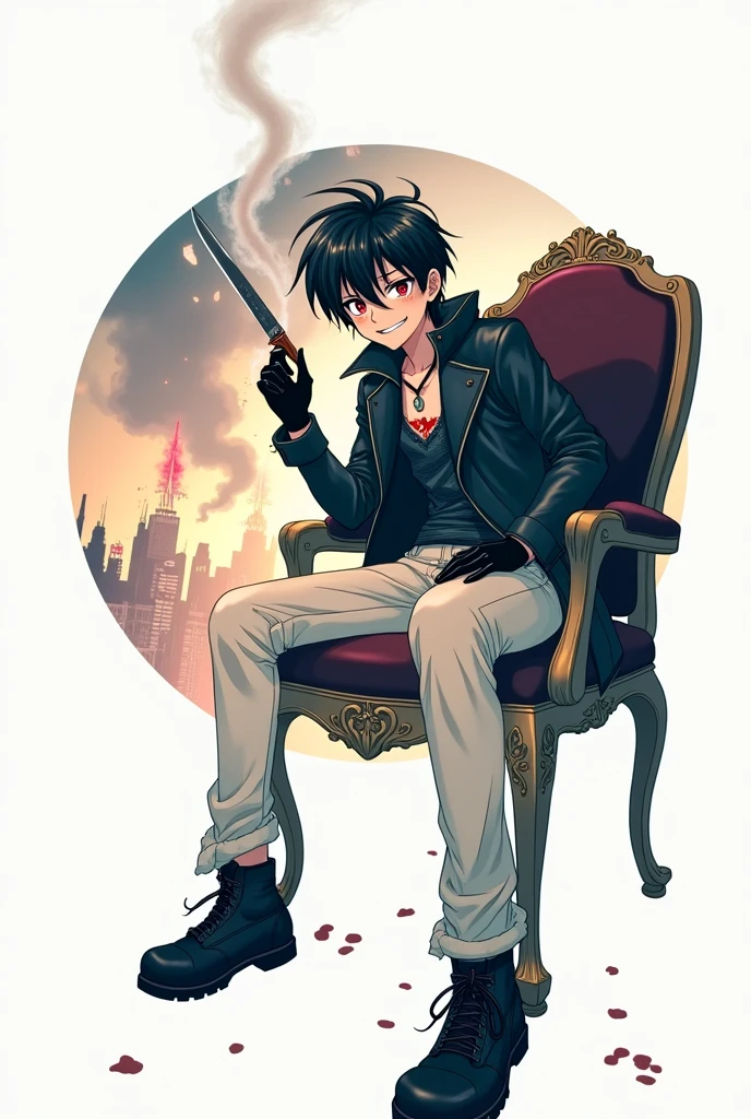 ((illustration)), (best quality)), ((masterpiece)), (detailed), teenager, 1male, black hair, jacket, black gloves, coat, sunglasses, leather, solo, anime, city, night, flat color, demons, snakes, monsters, chair, holding knife, glowing eyes, smoke, bloody, blood on clothes, blood on face, crazy smile, war, chaos, cinematic, epic, anime, fire, explosion,