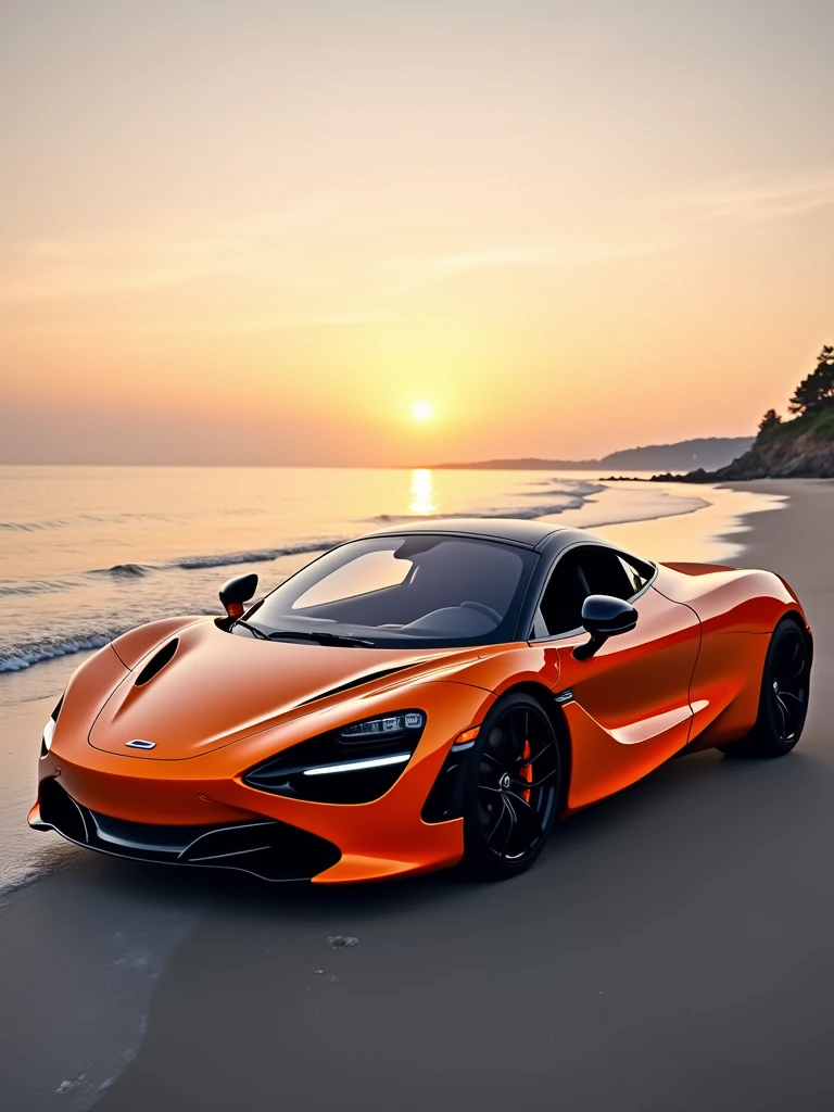 A stunning photograph of a vibrant orange McLaren 720s automobile, prominently displayed on a serene beach during sunset. The car's sleek design, black rims, and polished surface are accentuated by the warm, golden glow of the setting sun. The background reveals a distant horizon, with the sun dipping below the waterline and casting a reflection on the calm ocean. The overall mood of the image is sophisticated and luxurious, evoking a sense of power and as the car dominates the tranquil beach setting., cinematic, vibrant, photo