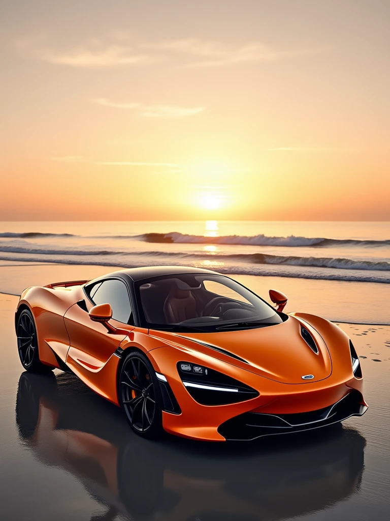 A stunning photograph of a vibrant orange McLaren 720s automobile, prominently displayed on a serene beach during sunset. The car's sleek design, black rims, and polished surface are accentuated by the warm, golden glow of the setting sun. The background reveals a distant horizon, with the sun dipping below the waterline and casting a reflection on the calm ocean. The overall mood of the image is sophisticated and luxurious, evoking a sense of power and as the car dominates the tranquil beach setting., cinematic, vibrant, photo