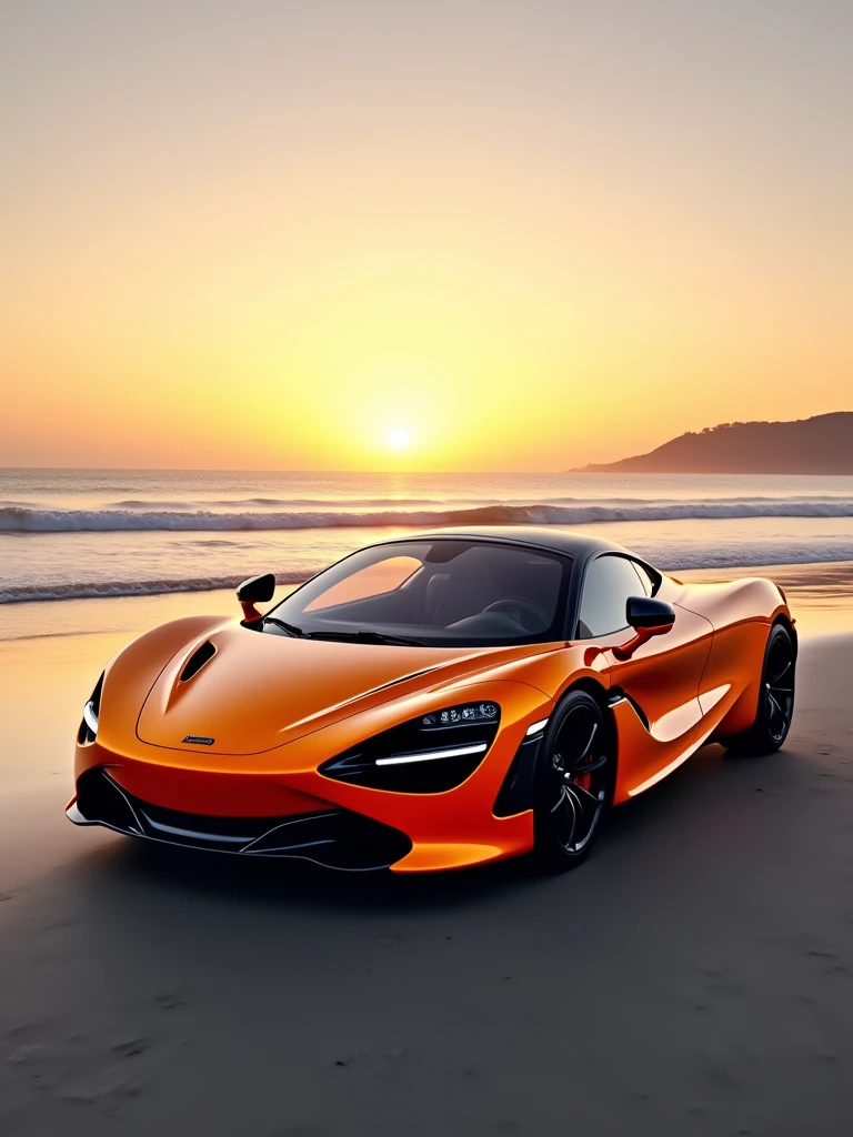 A stunning photograph of a vibrant orange McLaren 720s automobile, prominently displayed on a serene beach during sunset. The car's sleek design, black rims, and polished surface are accentuated by the warm, golden glow of the setting sun. The background reveals a distant horizon, with the sun dipping below the waterline and casting a reflection on the calm ocean. The overall mood of the image is sophisticated and luxurious, evoking a sense of power and  as the car dominates the tranquil beach setting., cinematic, vibrant, photo