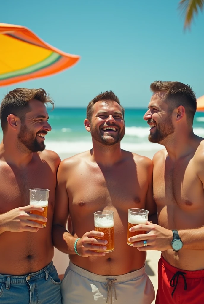 Three fat young men without shirts on the beach drinking beer
