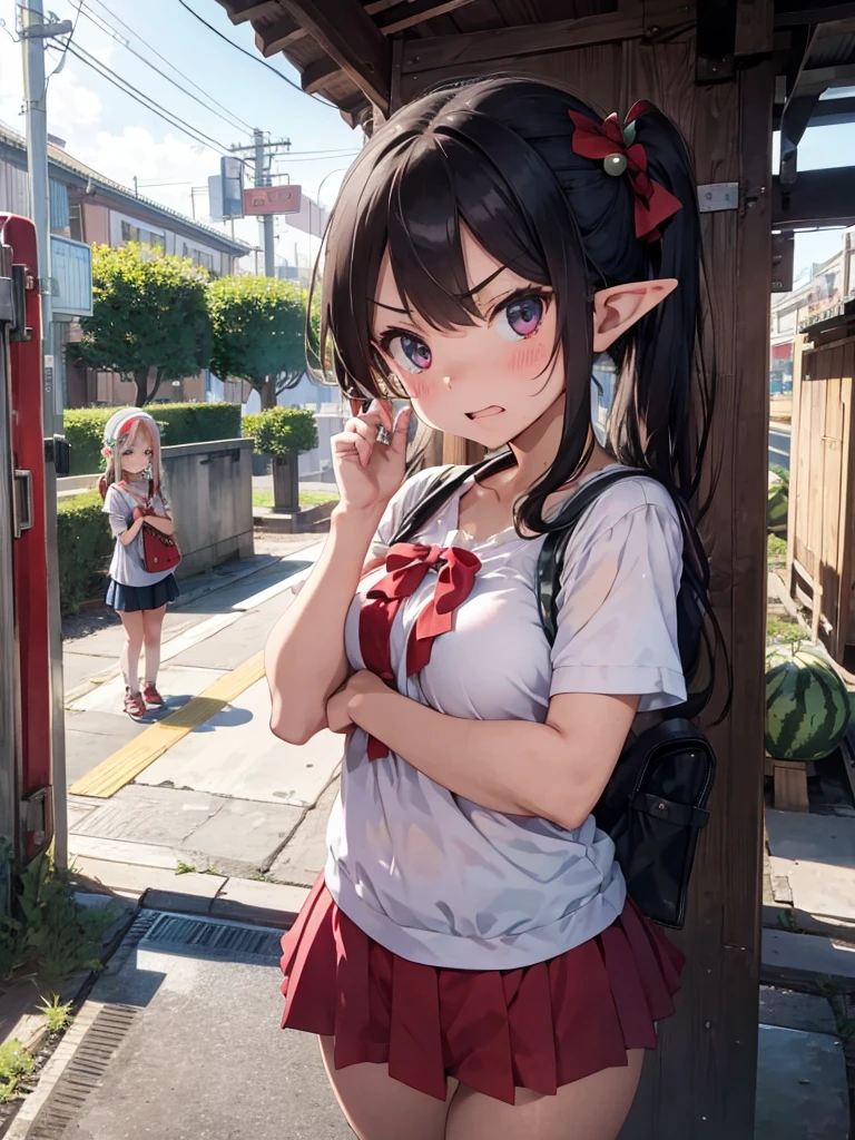 Station ticket gate entrance,　Elf girl is angry,　Hands smashing a watermelon,