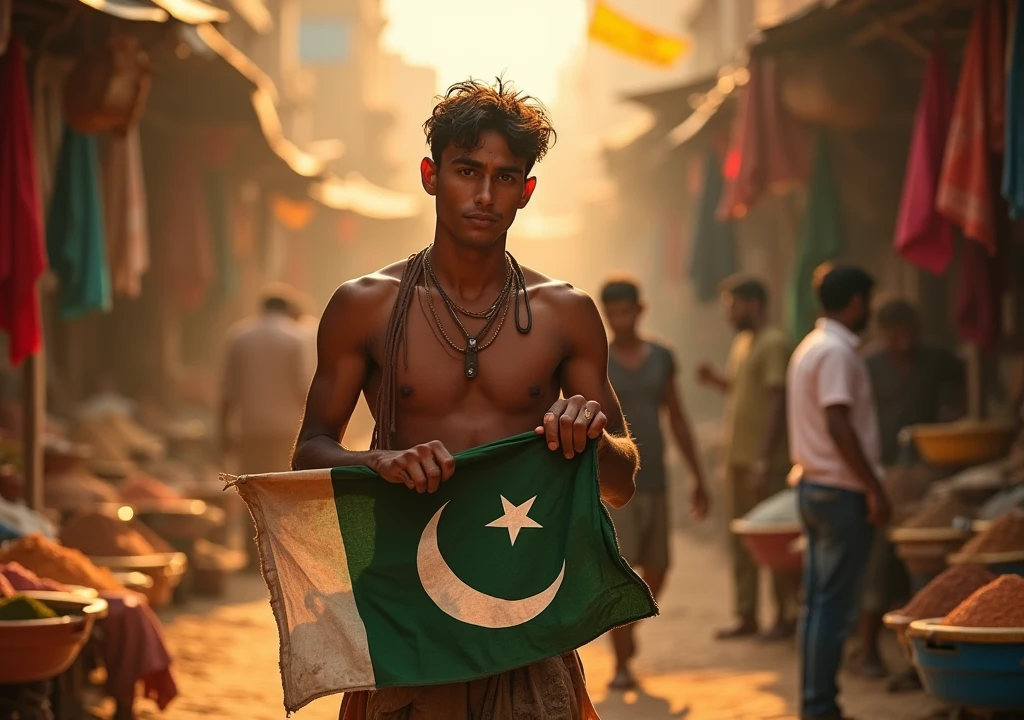 A poor young man with a flag of Pakistan in his hand Draw Image