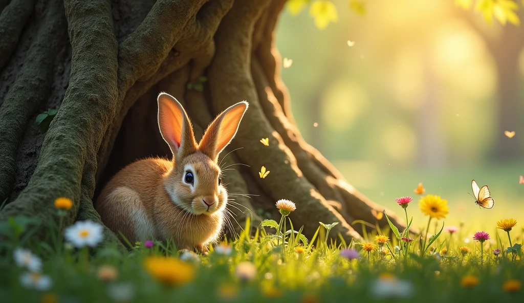 Ricky the rabbit waking up laying down the tree
