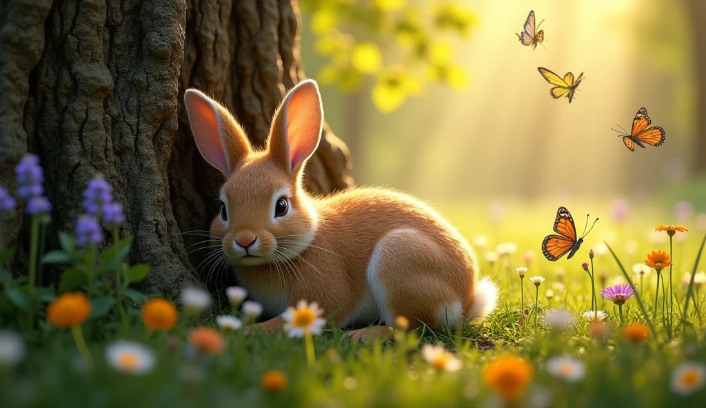 Ricky the rabbit waking up laying down the tree