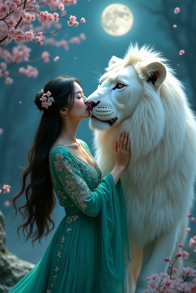 Gorgeous Asia woman with beautiful dress kisses white lion at night
