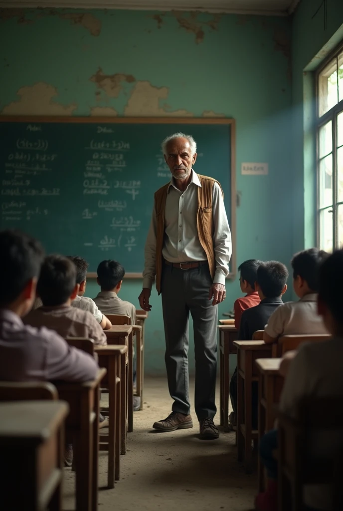 Old Indian teacher is looking angry towards to the indian students and students sit on the floor and getting scared