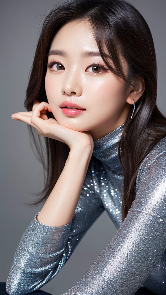 (Detailed face),vivid,((between legs)),cute,Silver glitter turtleneck suit,Ultra-high resolution,(Photorealistic:1.7),Gray background,Black long hair,